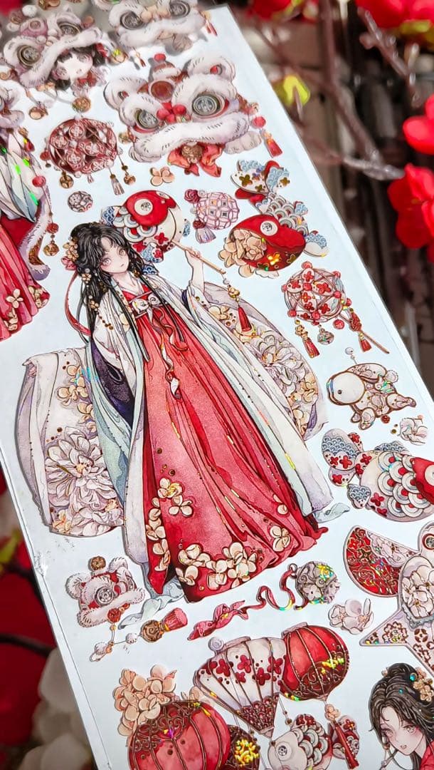 【9403】海外3/5/巻　貝殻金マスキングテープ　獅子先生新作　赤　人物古風系