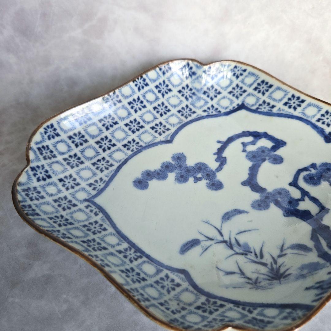 古伊万里　型紙摺　隅入菱皿　江戸時代　染付　変形皿　金直し　金継ぎ　アンティーク