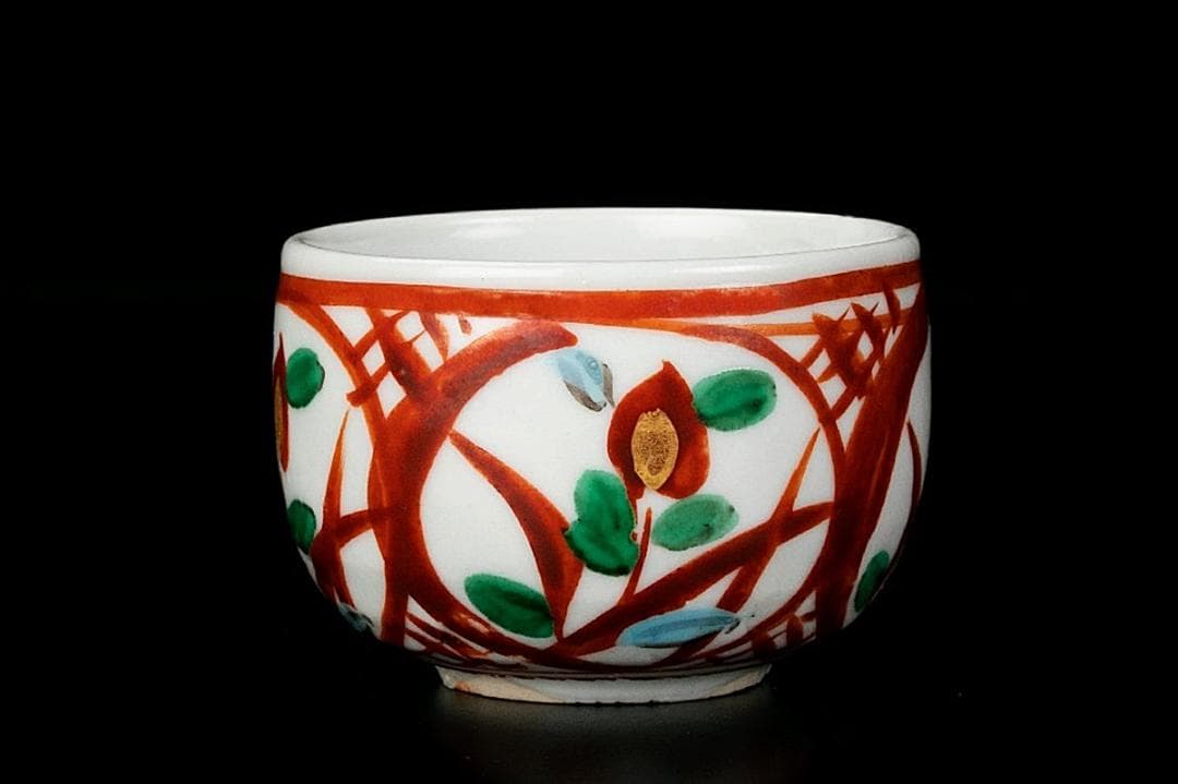 人間国宝 加藤卓男 赤絵草花紋酒杯 　M239