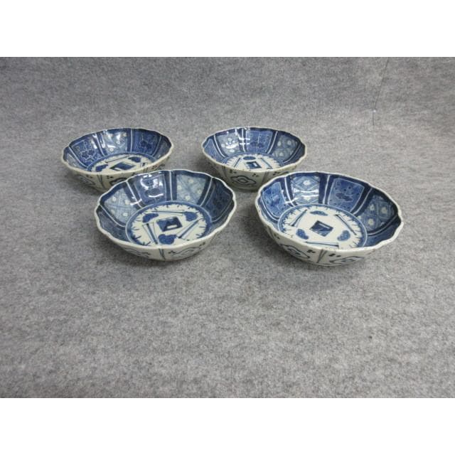 伊万里焼染付扇子に花図なます皿4枚 [B26030]