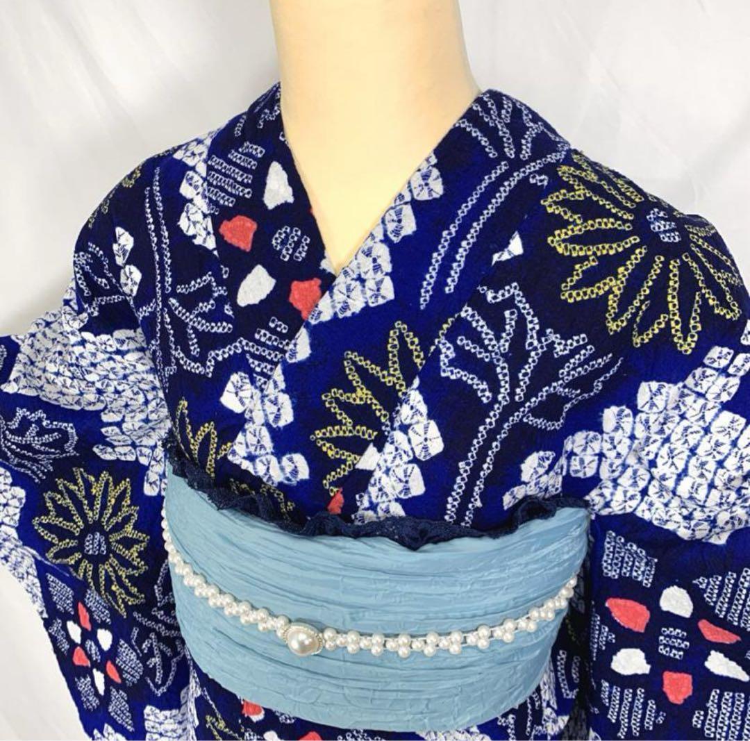 〇405mk84〇有松鳴海絞り 浴衣 蜘蛛絞り 花 木綿 居敷当て付き〇状態良好