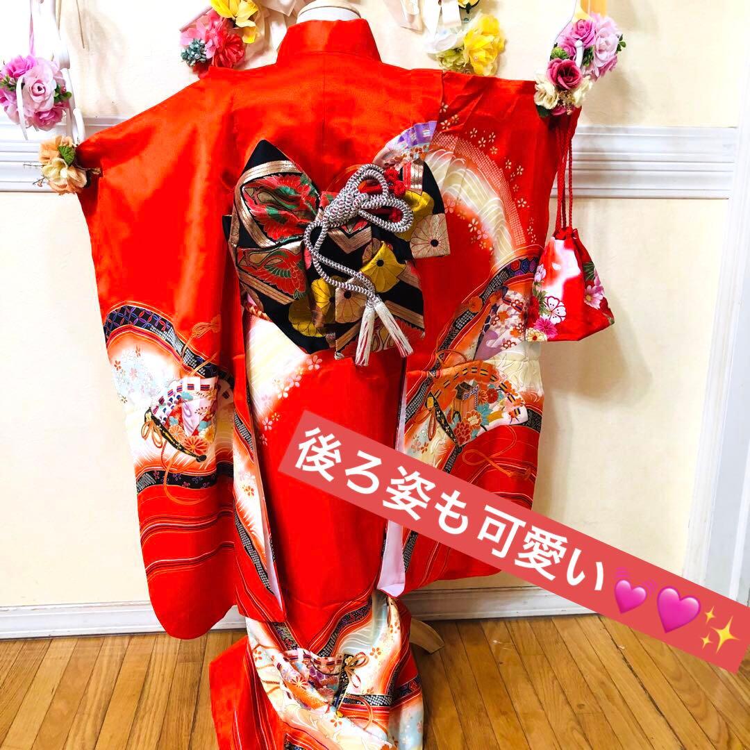 七五三7歳❣️人気赤地暈し金彩際立つ完全フルセッット⭐︎扇熨斗鶴菊金彩煌びやか際立つ