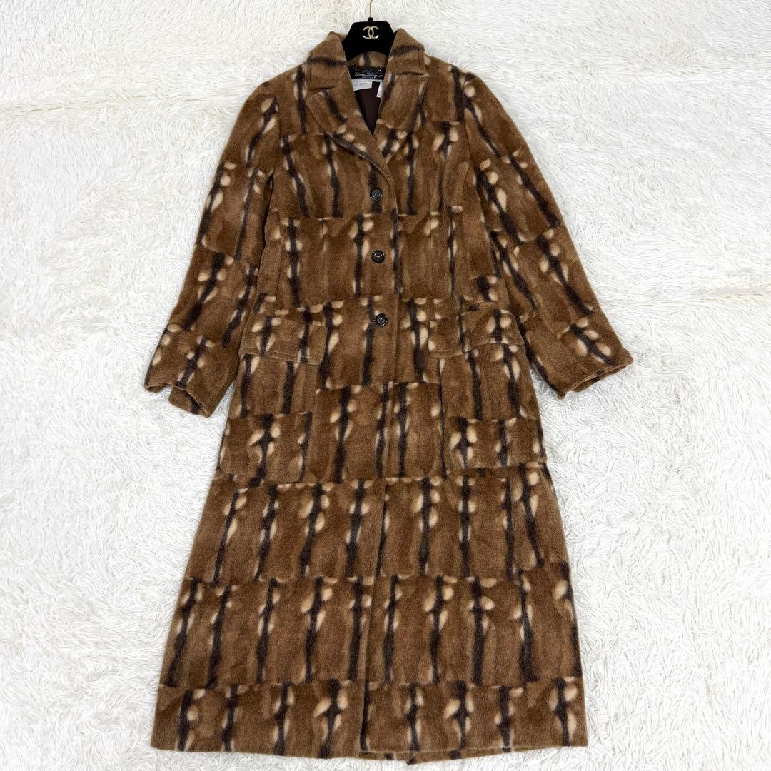 【極美品】フェラガモ チェスターコート アルパカ混 モヘヤ混 マキシ丈 ブラウン