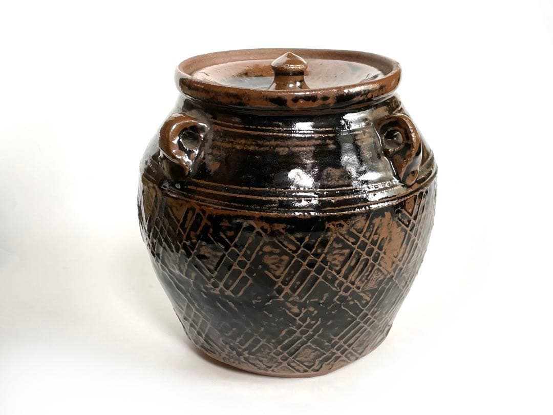 陶芸家　人間国宝　濱田庄司　浜田庄司　？　鉄釉　文打　水指　茶道具　箱なし