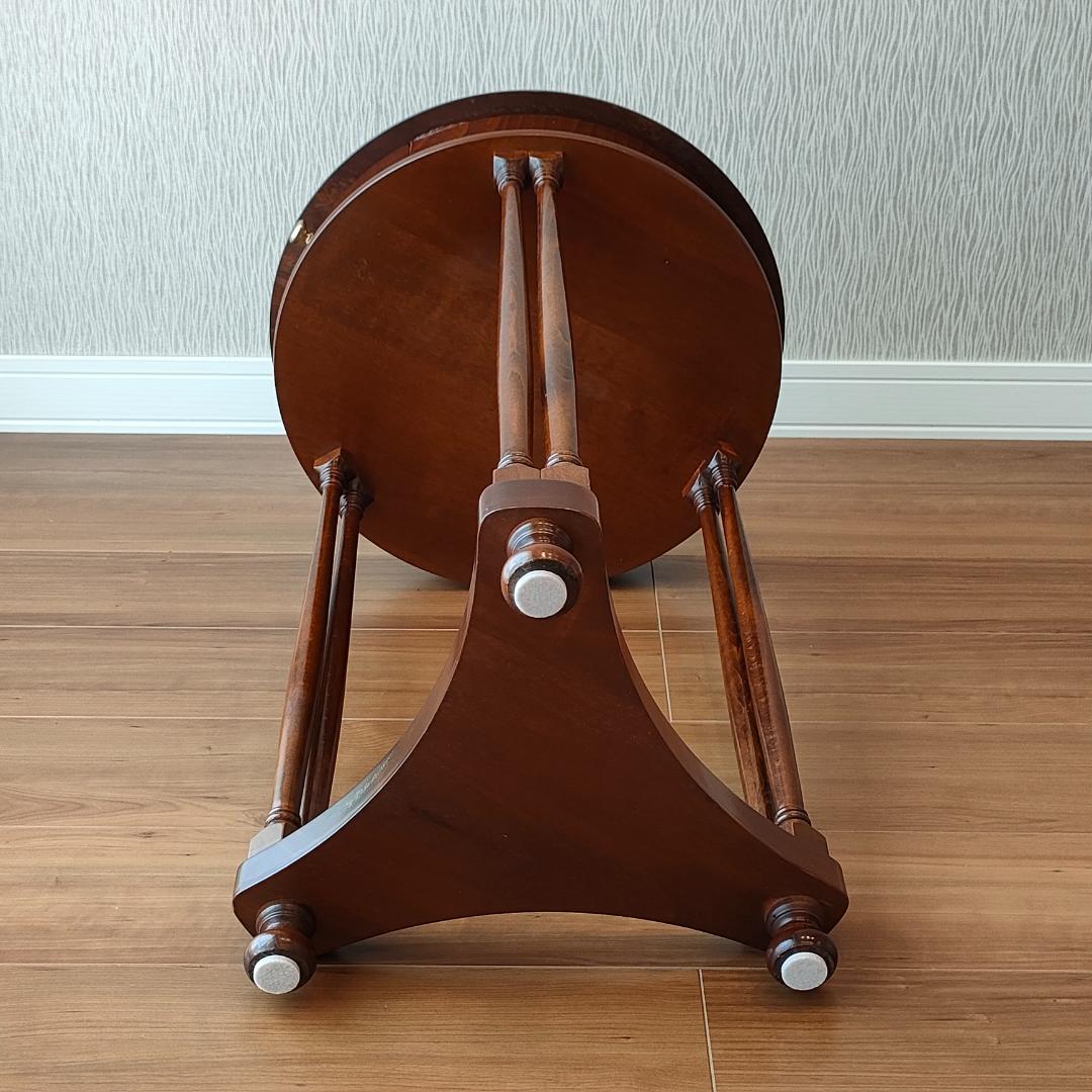 アンティーク　サイドテーブル　ラウンド　象嵌　引出し付き