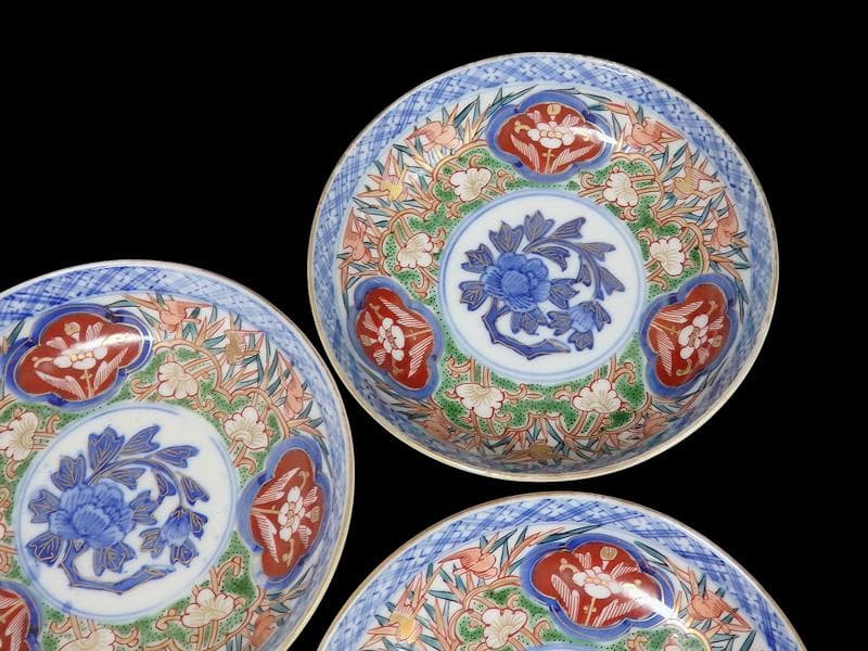 大聖寺伊万里　色絵　花鳥紋の図　４寸皿　４客　A541AS-CVu