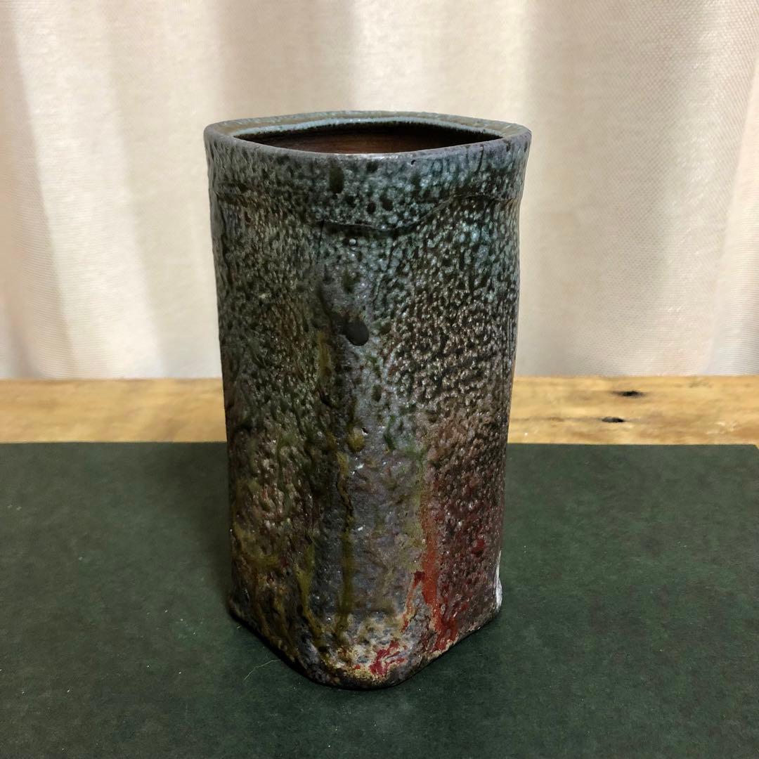 佐久知炎仙 秘色南蛮花器 茶道具 共箱 掛花入