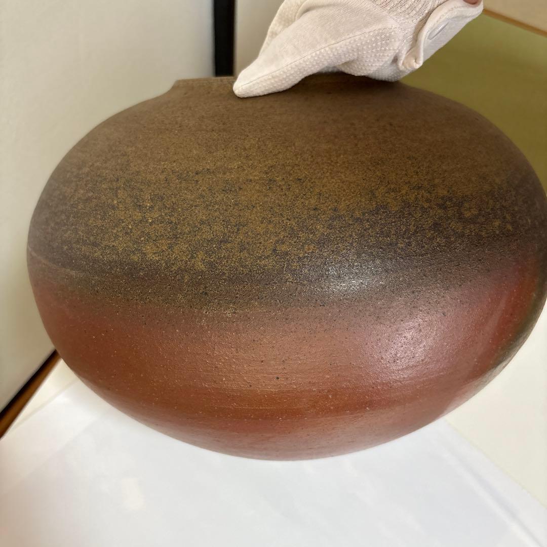 〔備前焼〕壺　茶色 球形 陶器広口 中村　勉作