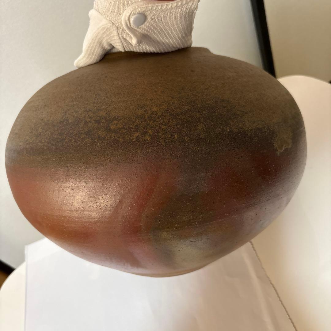 〔備前焼〕壺　茶色 球形 陶器広口 中村　勉作