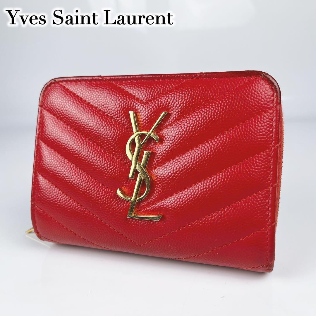 【極美品】サンローラン 二つ折り カサンドラ キャビアスキン キルティング 赤