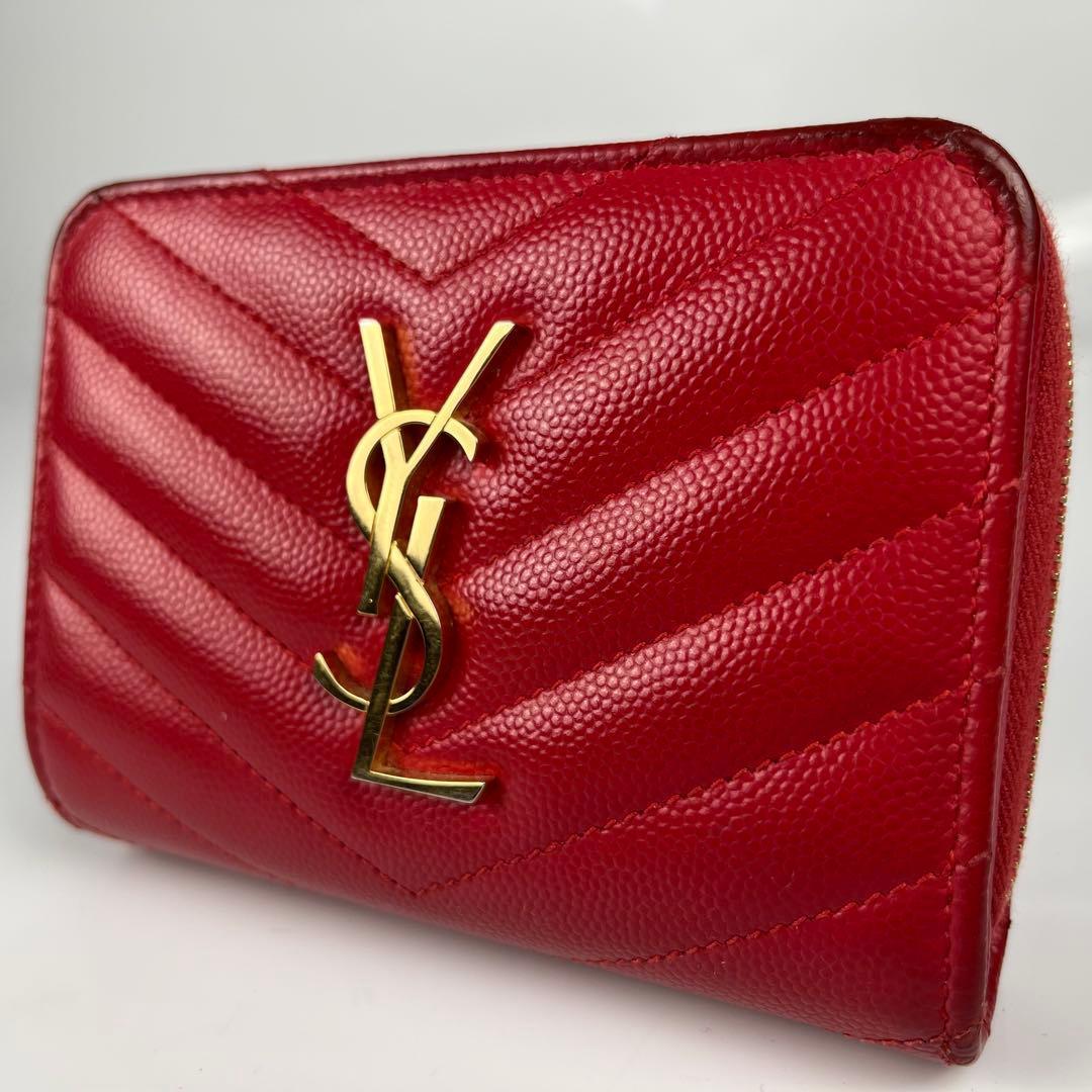 【極美品】サンローラン 二つ折り カサンドラ キャビアスキン キルティング 赤