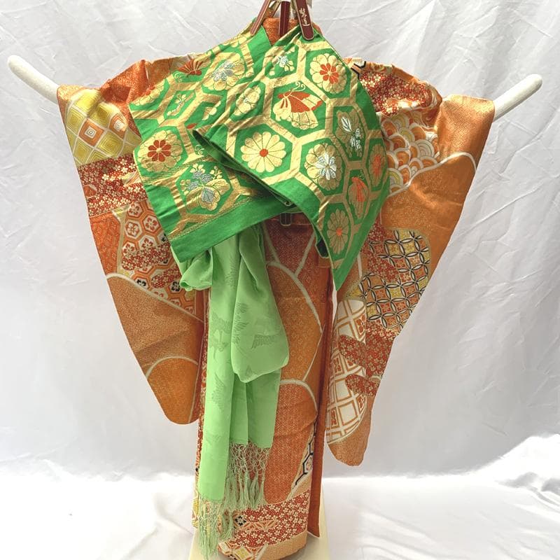 408ag3□七五三 七歳 女児 着物&袋帯 金駒刺繍 霞 青海波文□美品