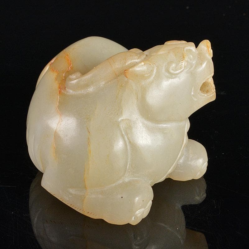 中国　玉石白玉彫刻　神獣　紙鎮　置物　C　R5393