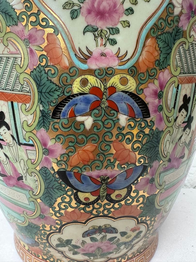 広東絵 粉彩 大花瓶 仕女図 花鳥 46cm 金彩 装飾壺　中国美術