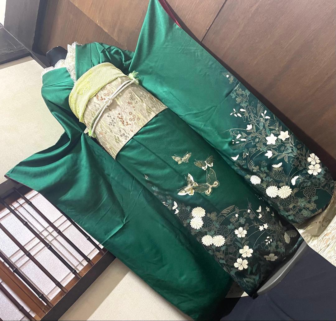 振袖 フルセット6点サイズM〜Ｌ花蝶文　金銀彩　正絹