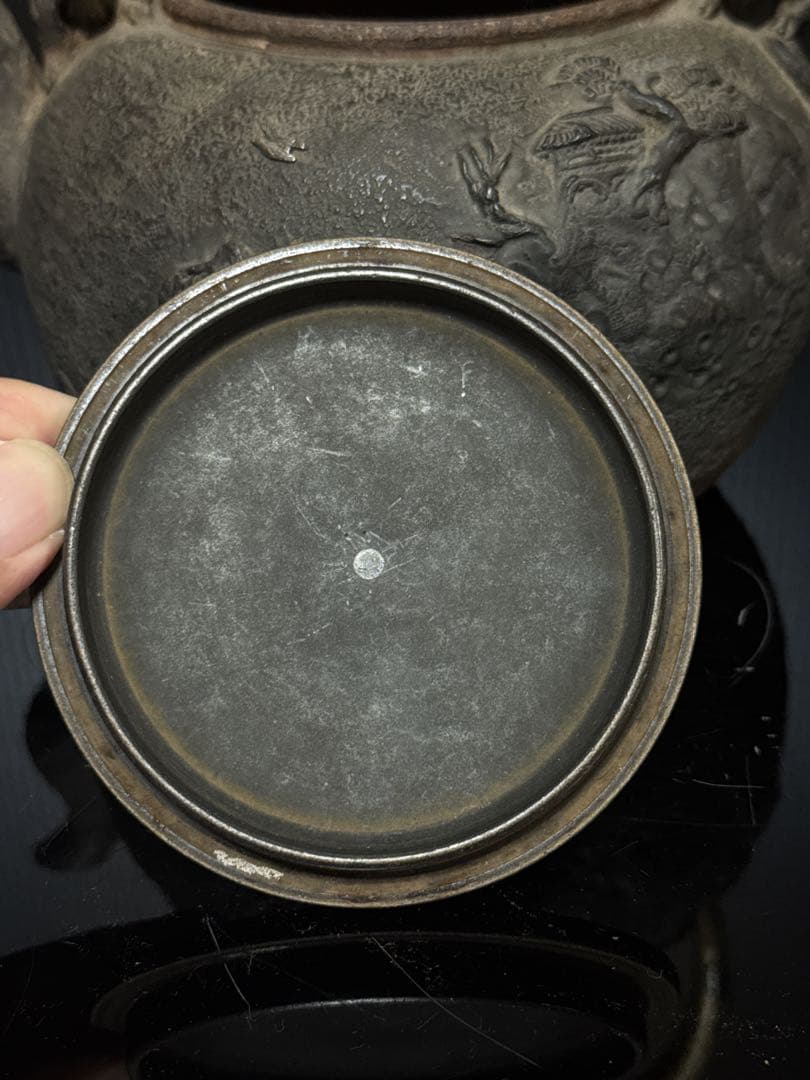 極上 中期 亀文堂 日本亀文 楼閣山水千鳥銀象嵌 蝙蝠象嵌提手 鉄瓶 茶道具