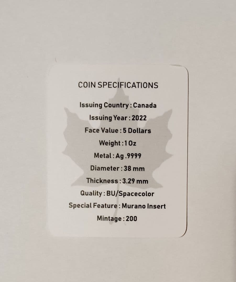 新品　1オンス カナダ ムラノグラス・メイプルリーフ：アオクビアヒル 銀貨