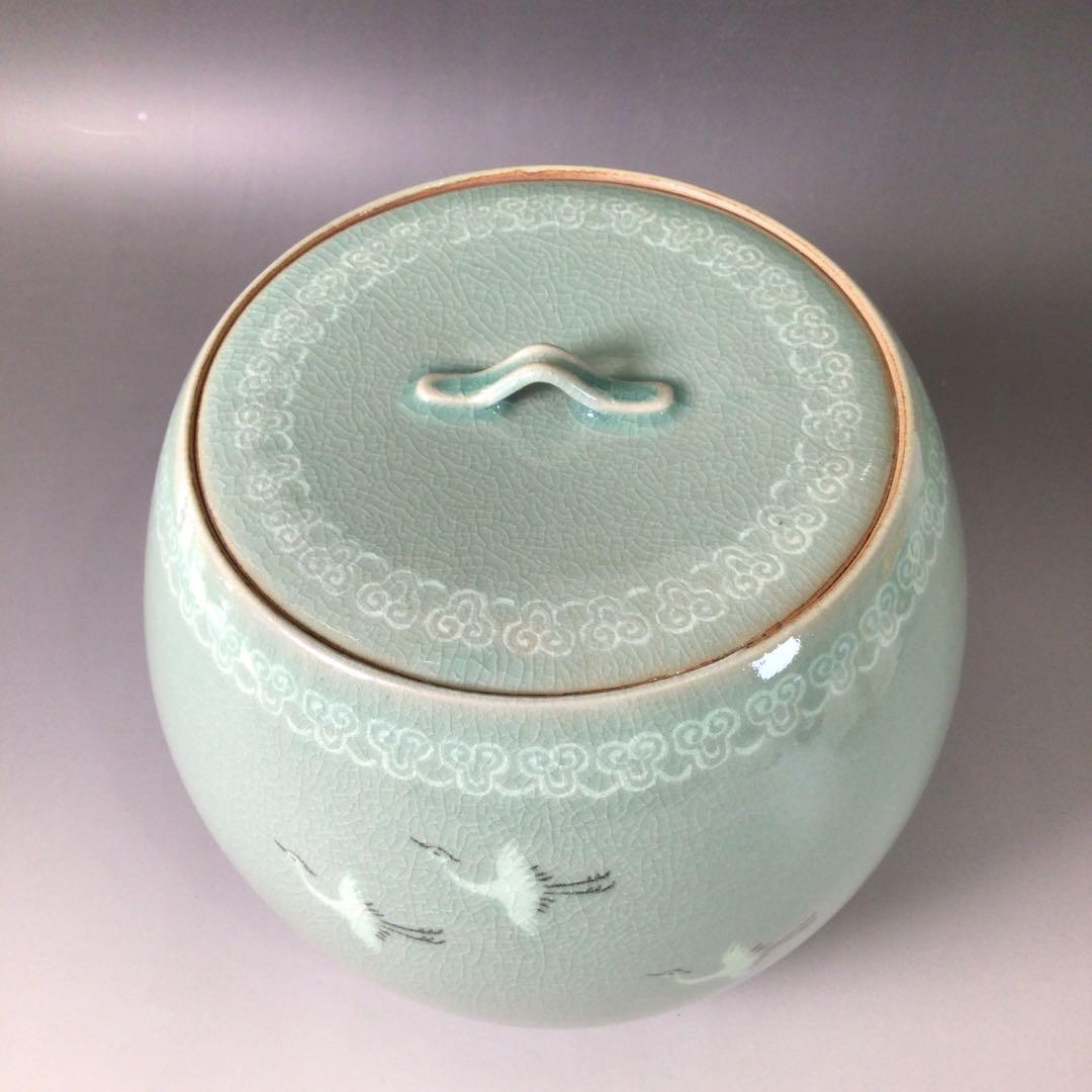 Ｒ９７６　水指　『如泉窯　李連休造』『雲鶴文』『高麗青磁水指』　共箱　茶道具