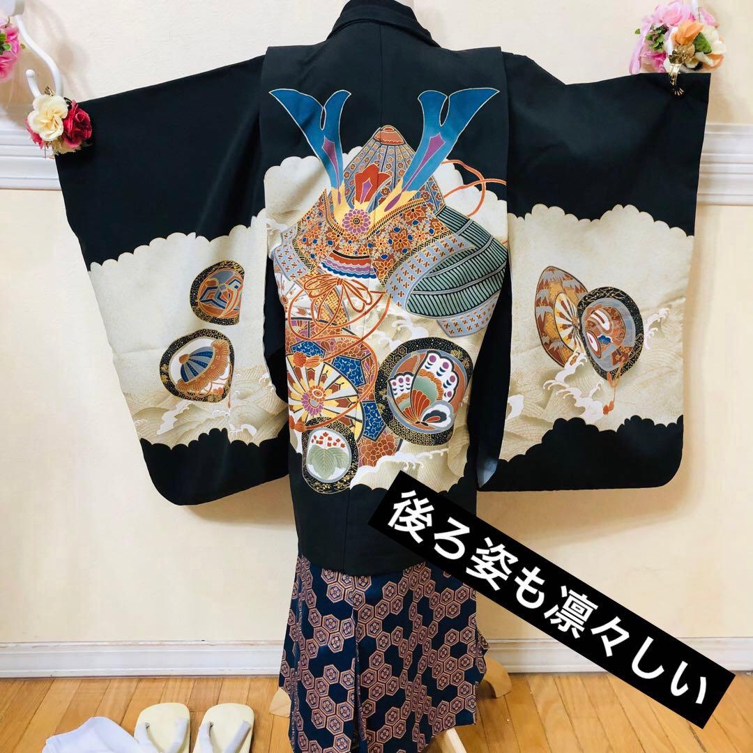 美品‼️七五三 五歳‼️兜 金箔散り‼️黒地にクリーム系 完全フルセット‼️家から揃え無