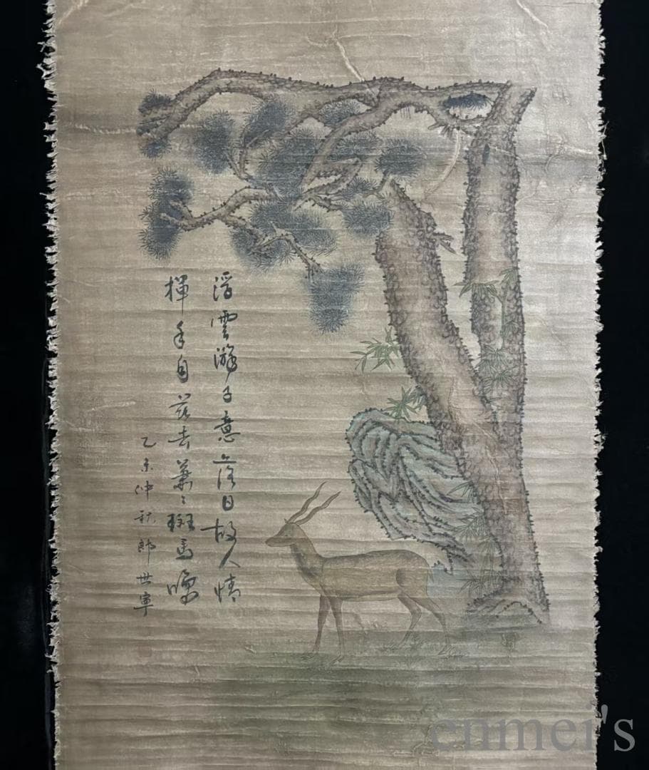 中国古美術 郎世寧款 松鹿図 絹本画 三尺 純手描き 肉筆 掛け軸 絵画 書道