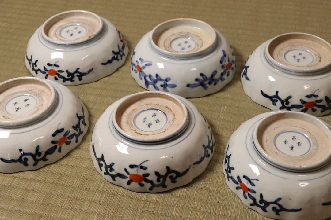 冨貴長春 古伊万里 花唐草獣図 色絵 なます皿 六客 中皿 鉢 錦手【CM12】