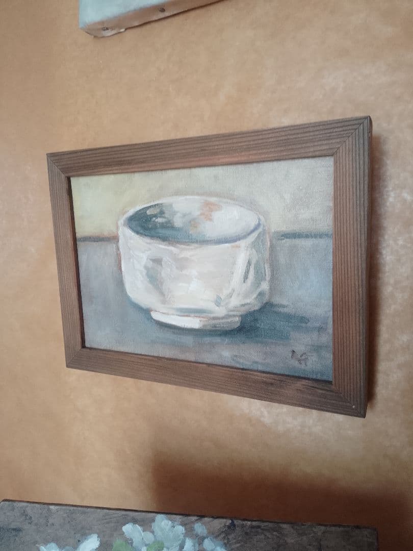 茶碗。油彩画。 白い陶器の絵。26x19