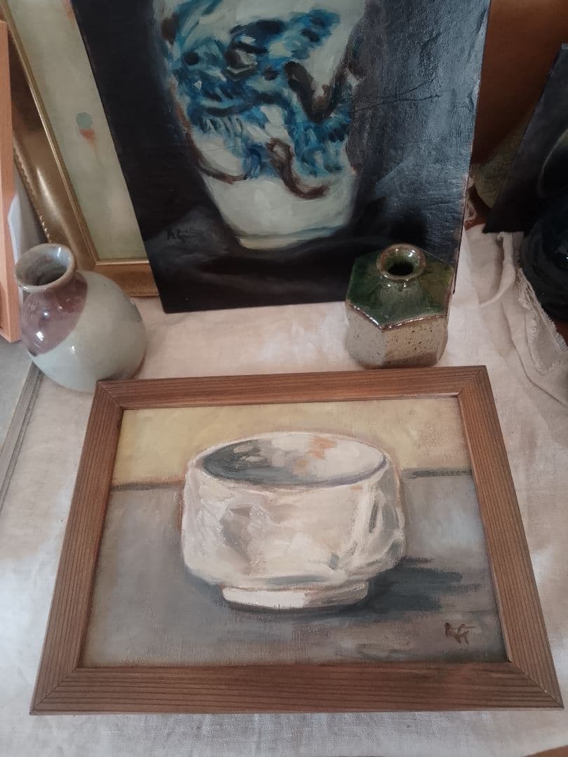 茶碗。油彩画。 白い陶器の絵。26x19