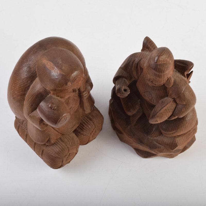 木彫　欅製　恵比寿像　大黒像　一双　在銘　共箱　C　9145