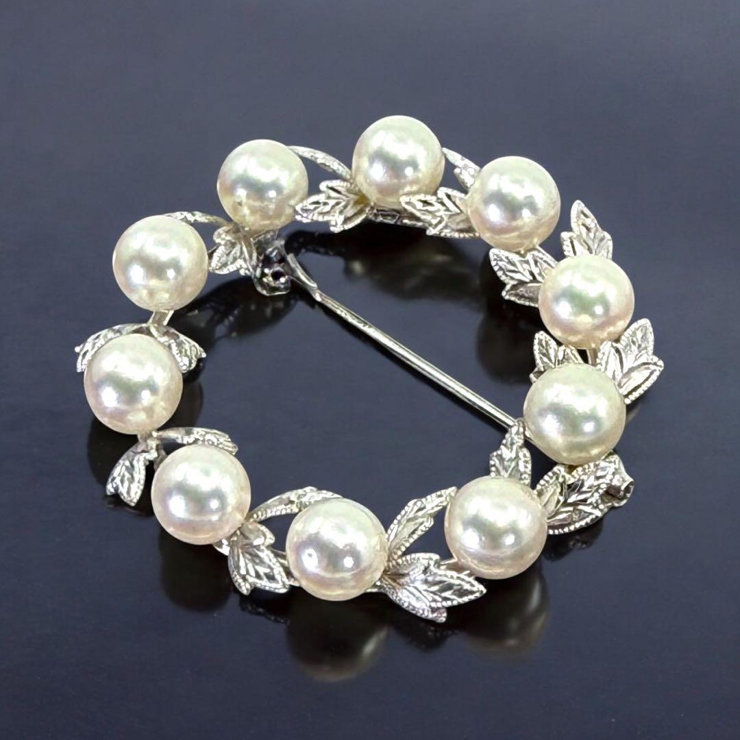 【極上】ミキモト　アコヤ　本真珠　パール　ブローチ　シルバー　サークル　リーフ