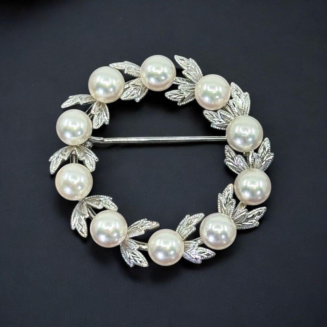 【極上】ミキモト　アコヤ　本真珠　パール　ブローチ　シルバー　サークル　リーフ