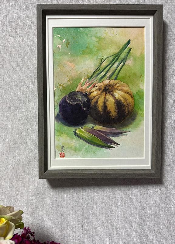 水彩アート「夏野菜　Ⅱ」1点物、手描き、真筆。