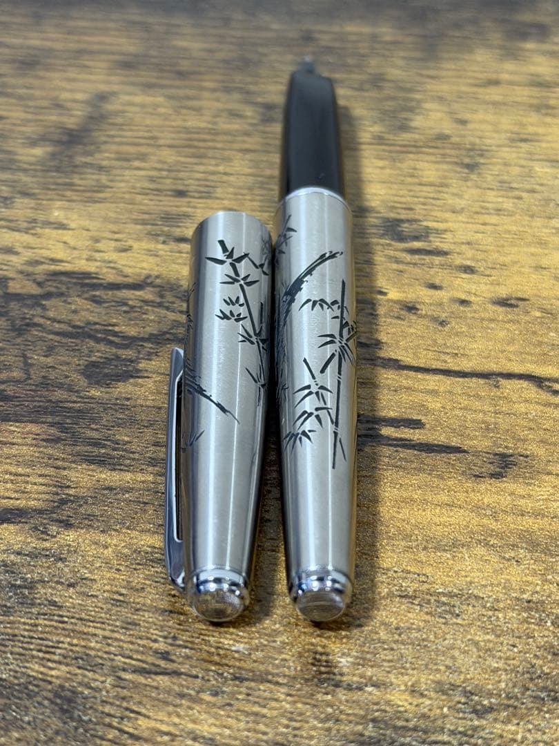 新品未使用　1980年代　蝕刻　竹と雉　白金　万年筆 18金　細字　コンバーター