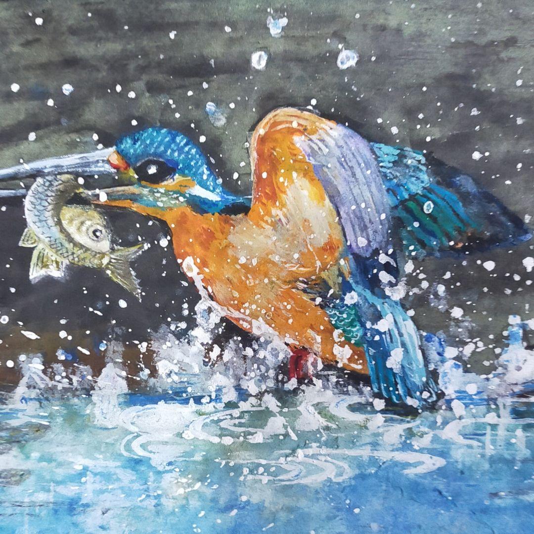 日本画　カワセミの捕食