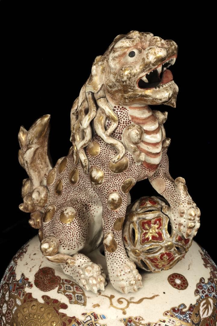 【極上薩摩焼】特大金襴手色絵賢人図獅子摘蓋獅 香炉 飾壺 時代骨董 古美術アート