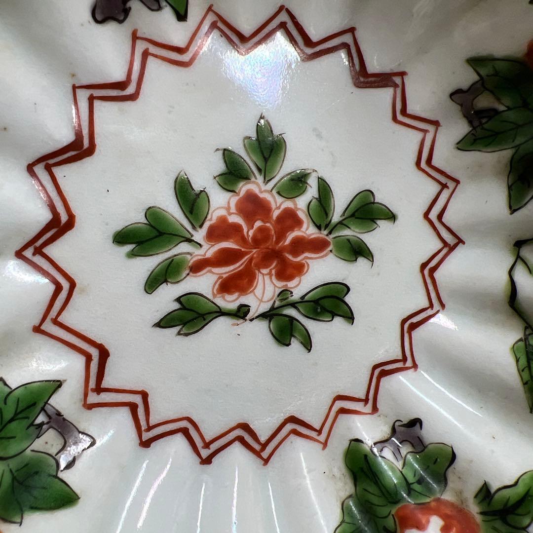 江戸中後期古伊万里赤絵花図　ギザギザ向付10客　木箱付　幅約12.7㎝　トトオサ