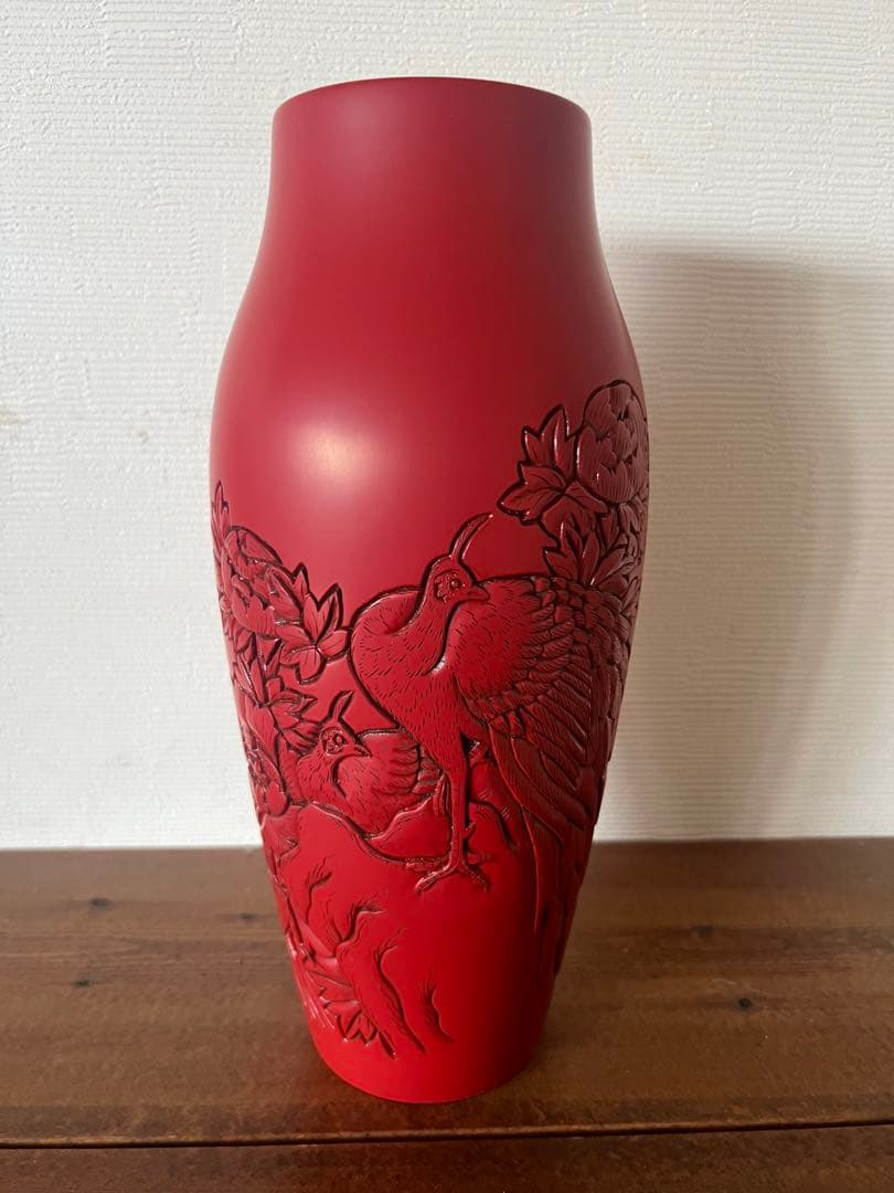 泉山作　村上木彫堆朱 花瓶 花鳥 孔雀 天然漆 茶道具 華道 共箱 極美品