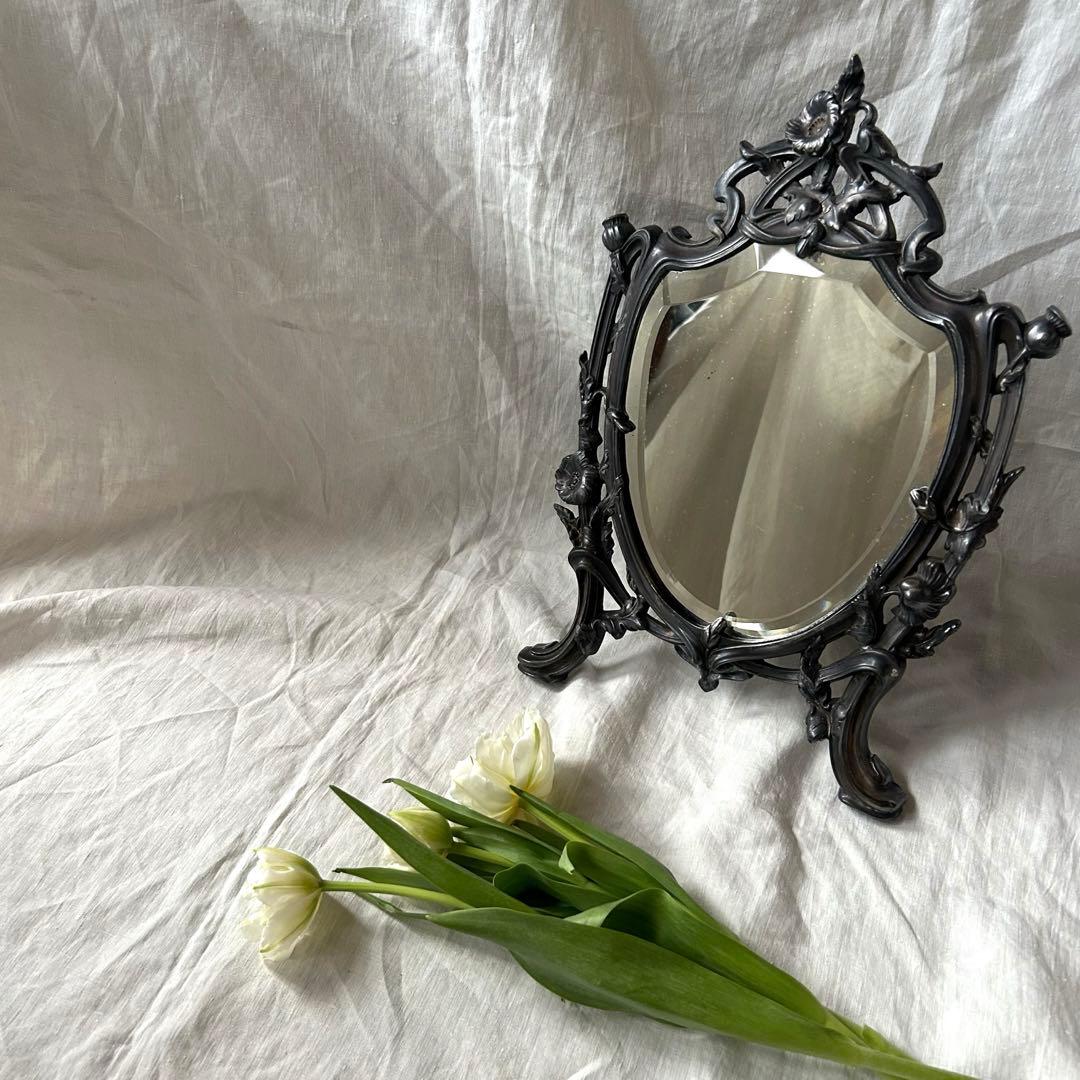 希少　フランスアンティーク　真鍮　スタンドミラー ビゾテ加工 ロココ調 卓上鏡