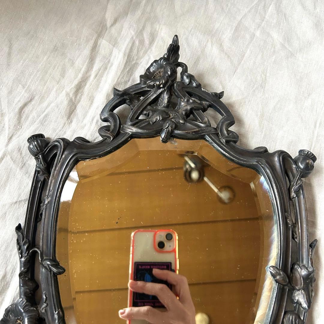 希少　フランスアンティーク　真鍮　スタンドミラー ビゾテ加工 ロココ調 卓上鏡