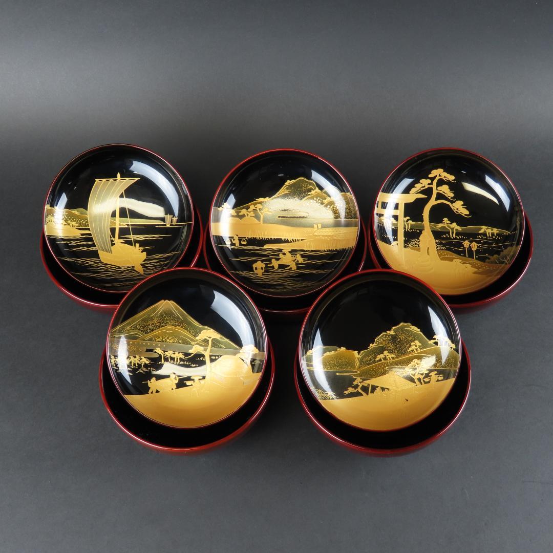 315 美品良好 東海道五十三次図蒔絵 特選越前塗作家 吸物椀５客木製/輪島塗