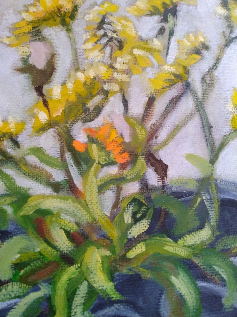 静物画 黒い花瓶 黄色の花