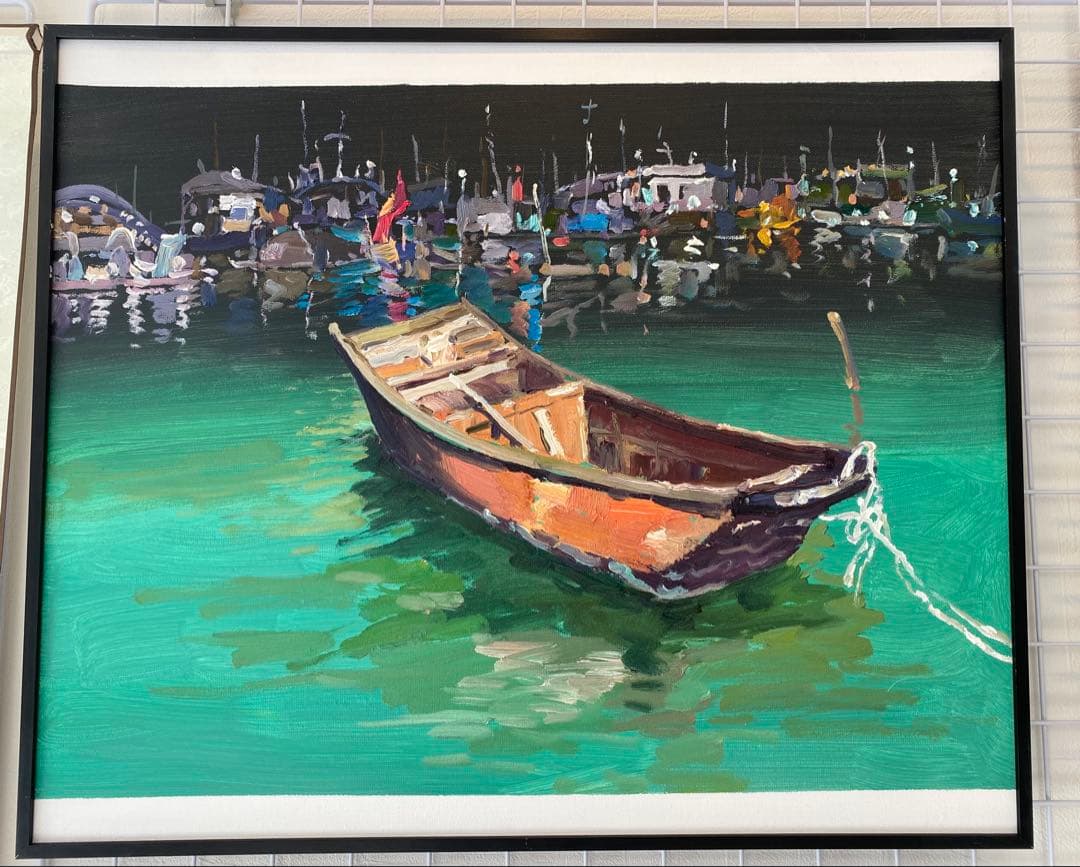 ボートと港の風景画 油彩