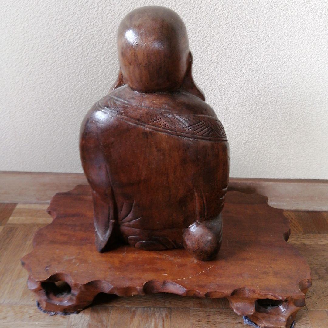 木彫り　縁起布袋　台