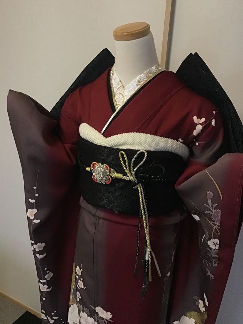 振袖セット　赤　エンジ　牡丹花　金彩　振袖6点セット　正絹　成人式　卒業式