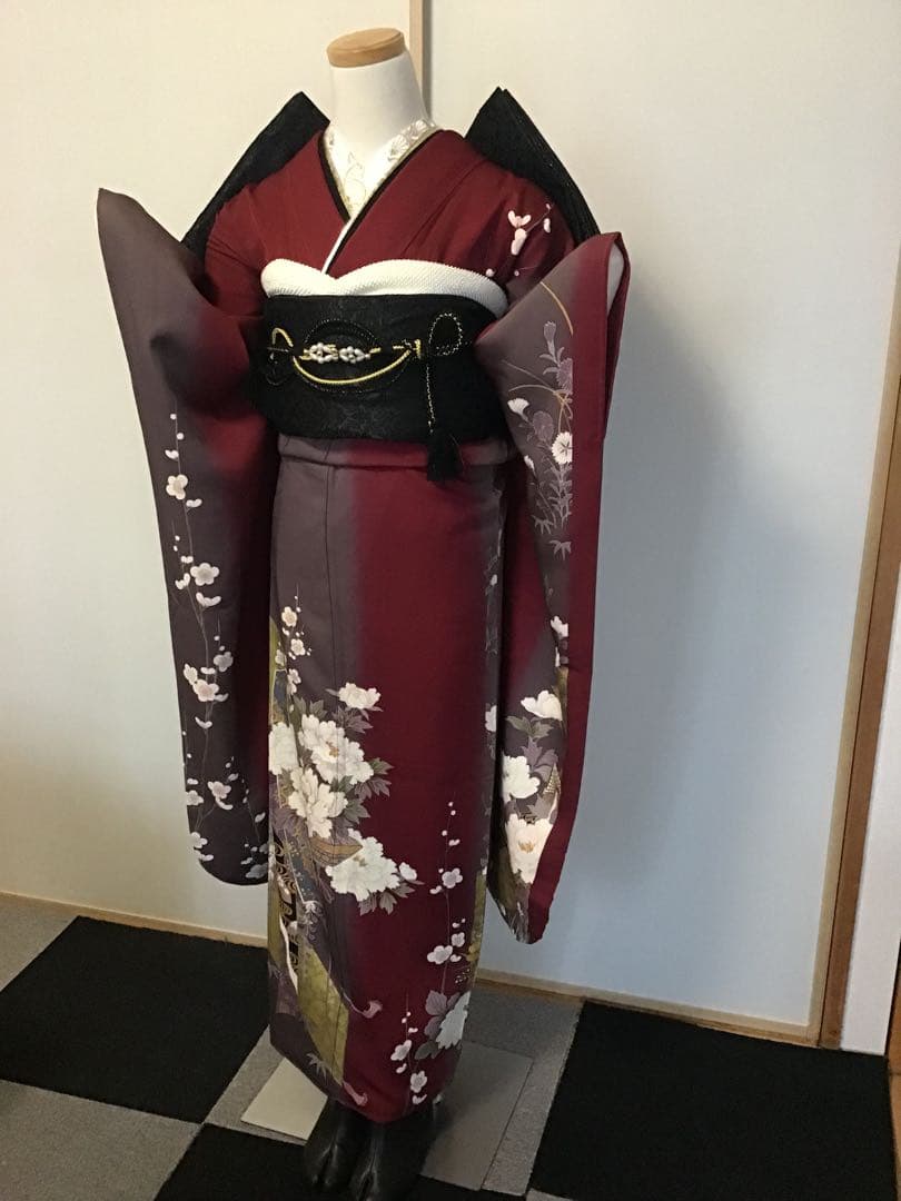 振袖セット　赤　エンジ　牡丹花　金彩　振袖6点セット　正絹　成人式　卒業式