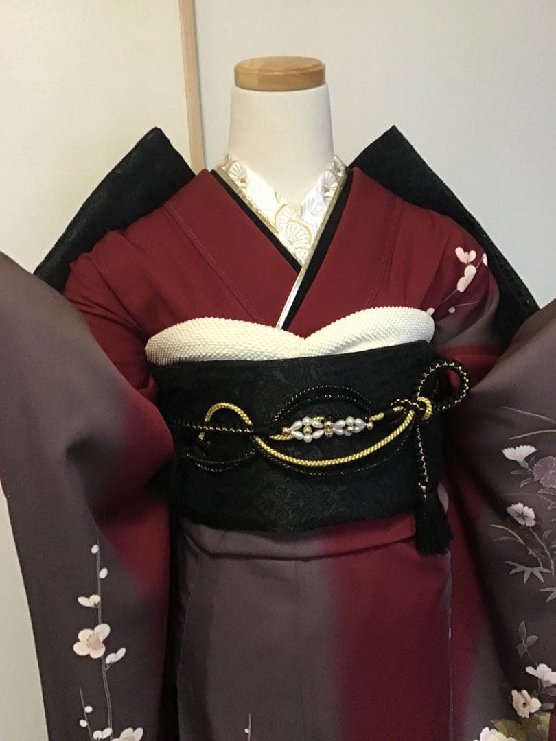 振袖セット　赤　エンジ　牡丹花　金彩　振袖6点セット　正絹　成人式　卒業式
