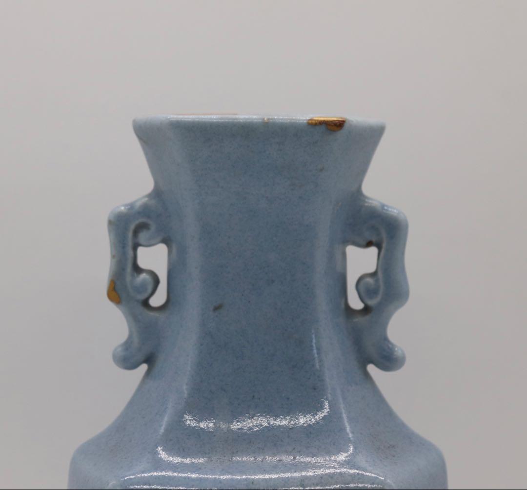 中国　清時代　天青釉雙耳瓶　木箱付　送料込み250520