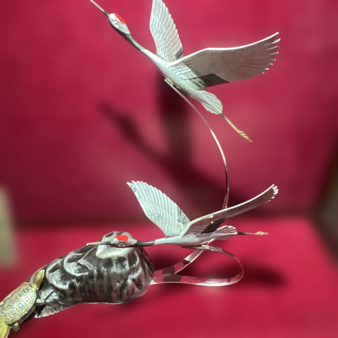 武比古作 純銀製 鶴亀置物