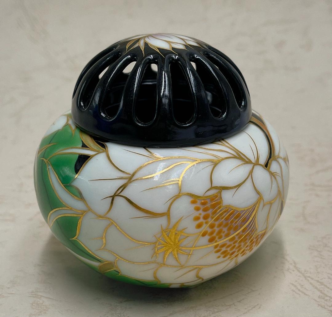 絶品！清水焼香炉★手描きオーダー発注品◆黒地×月下美人