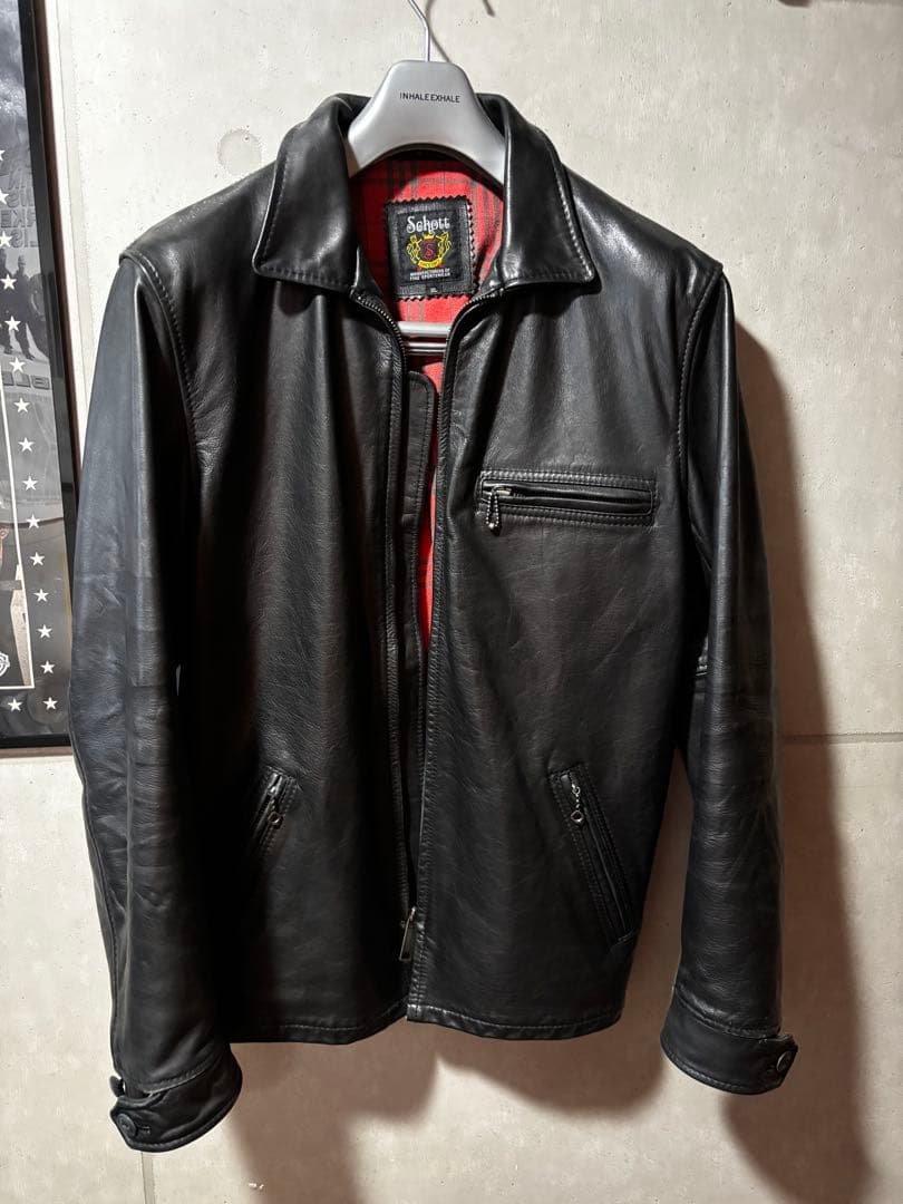 Schott ブラックレザー シングルライダースジャケット XL