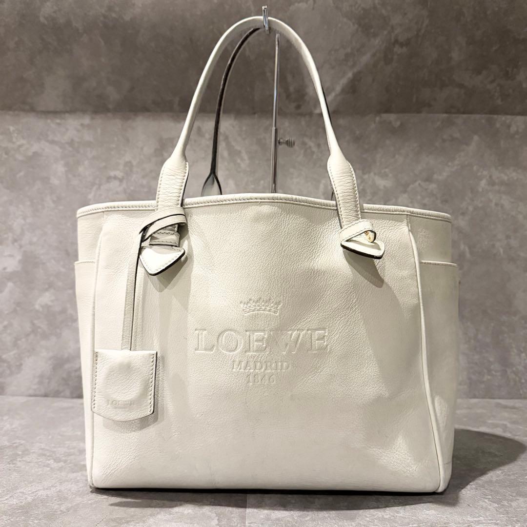 ⭐️ロエベ⭐️ヘリテージ レザー トートバッグ ホワイト ロゴ型押し